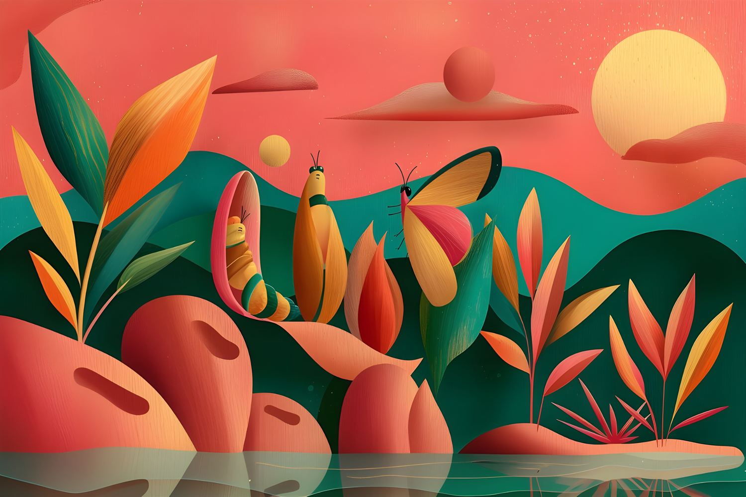 Paisagem de folhagens e frutos ao entardecer, com uma borboleta ao centro.