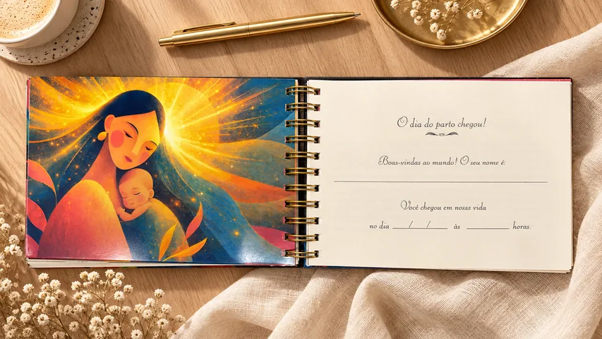 O Diário aberto visto de cima: uma ilustração de mãe e bebê na página da esquerda e a página “O dia do parto chegou!” à direita.