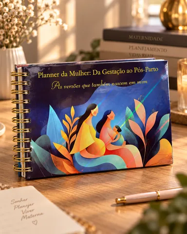 O Diário Guiado em pé sobre uma mesa de madeira, com livros e flores secas ao fundo, na luz do fim da tarde.