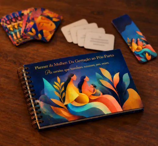 O Diário Guiado fechado sobre uma mesa de madeira, com os cards ilustrados, os cards de texto e o marcador de página ao lado.
