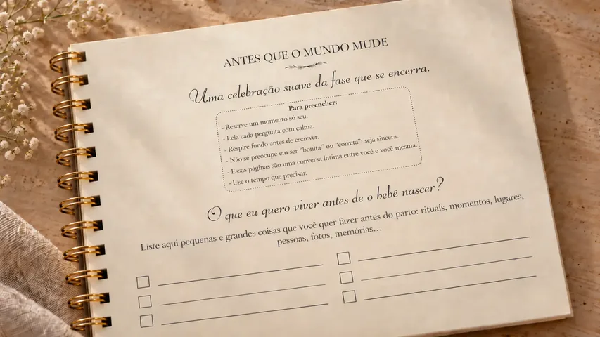 Página aberta do Diário com o título “Antes que o mundo mude” e uma lista do que viver antes de o bebê nascer.