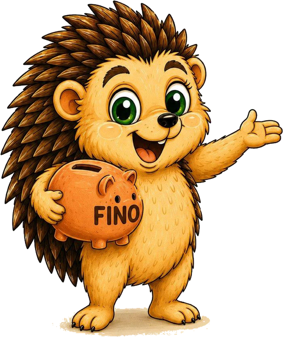 Fino, o ouriço cuidadoso, segurando o cofrinho