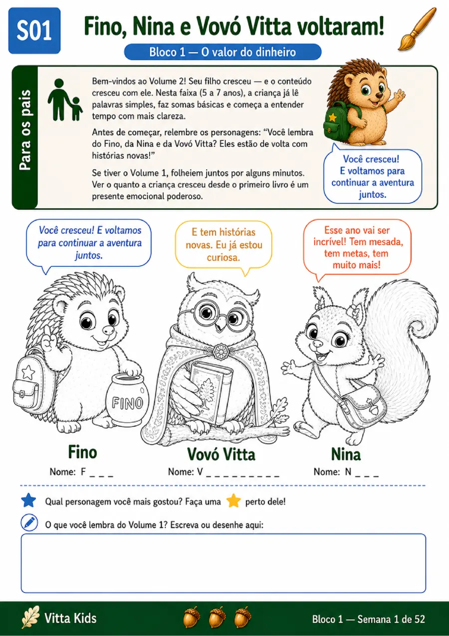 Atividade da semana — Semana 1 — "Fino, Nina e Vovó Vitta voltaram!"