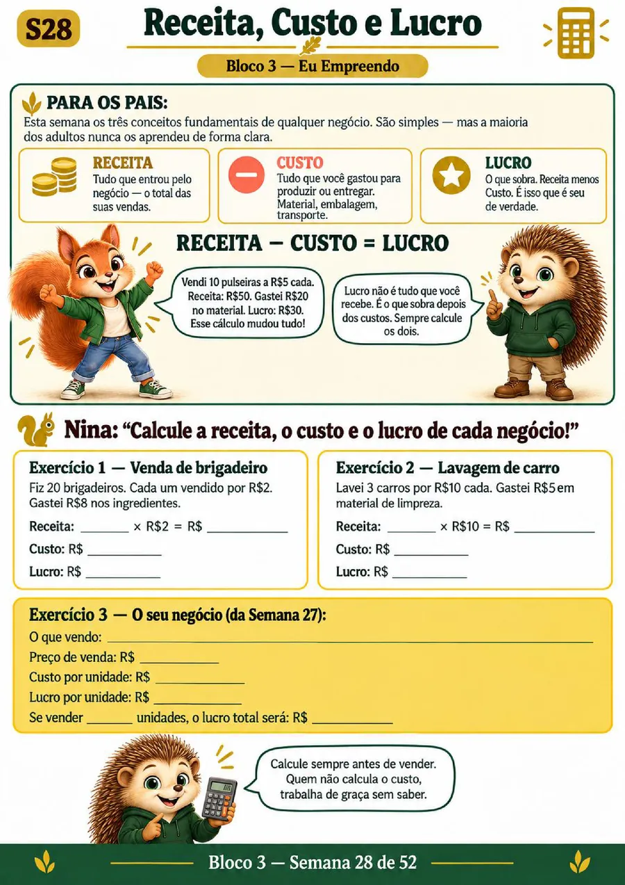 Eu empreendo — Semana 28 — receita, custo e lucro.