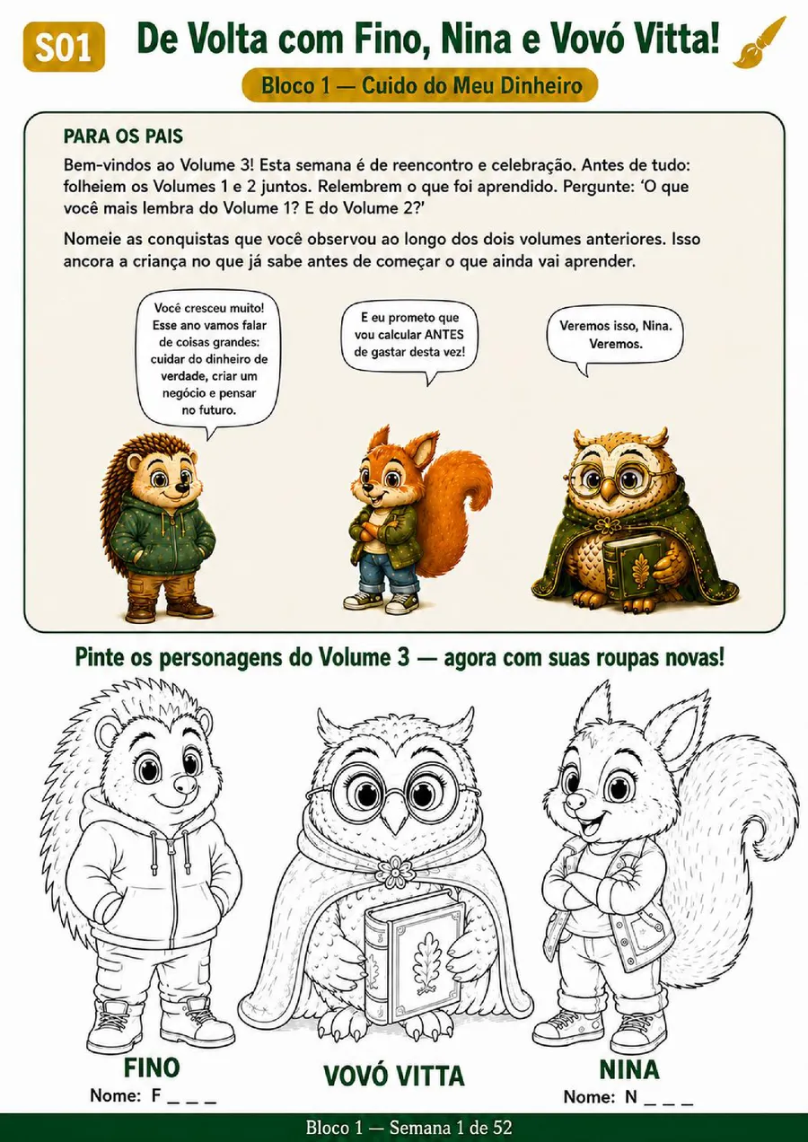 Atividade da semana — Semana 1 — "De volta com Fino, Nina e Vovó Vitta!"